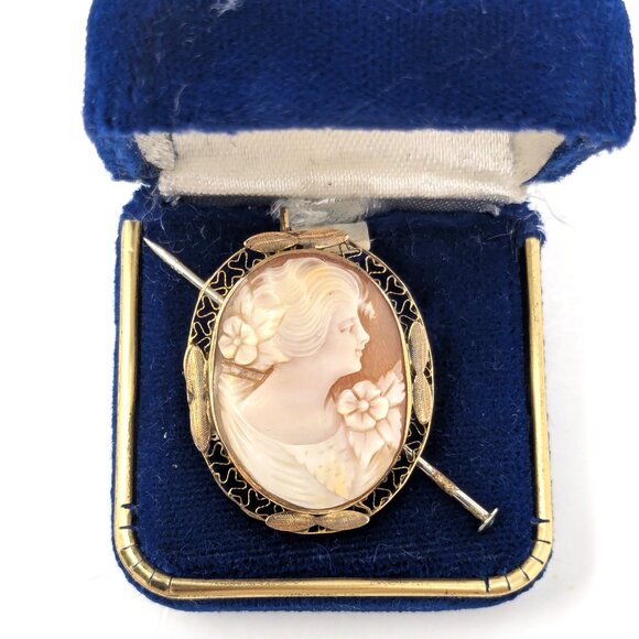 Antique 14k Carved Shell Cameo Brooch or Pendant Filigree frame 1.25 in